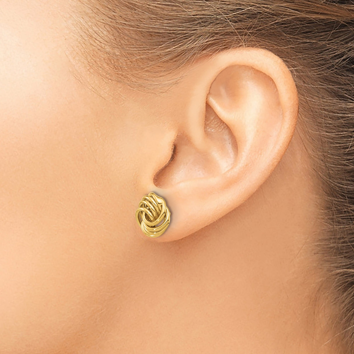 14k Yellow Gold Love Knot Stud Earrings with Polished Woven Design for Women