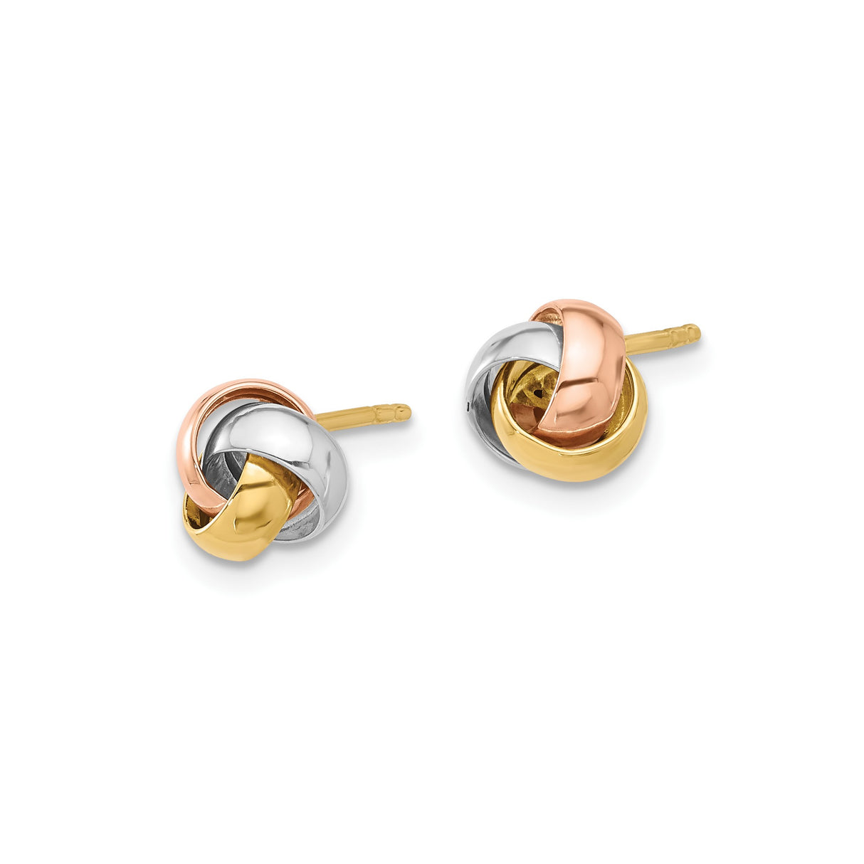 14k Tri-Color Gold Love Knot Stud Earrings with Intertwined Loops, Symbol of Unity and Love
