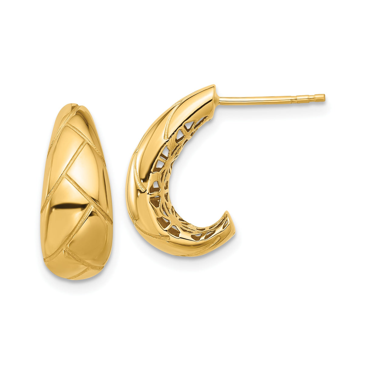 14k Yellow Gold Hoop Earrings, Quilted Diamond Pattern, Textured Dome Style, Polished Finish