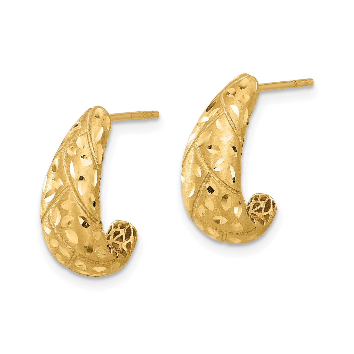 14k Yellow Gold Hoop Earrings with Textured Leaf Cutout, Domed Tapered Openwork Design