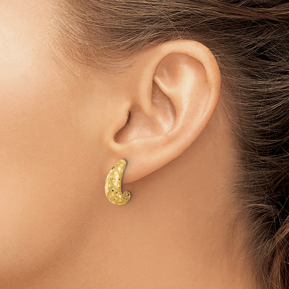 14k Yellow Gold Hoop Earrings with Textured Leaf Cutout, Domed Tapered Openwork Design