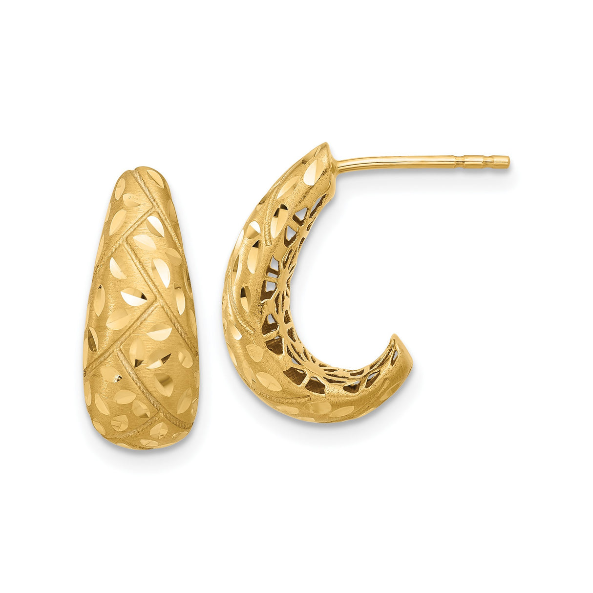 14k Yellow Gold Hoop Earrings with Textured Leaf Cutout, Domed Tapered Openwork Design
