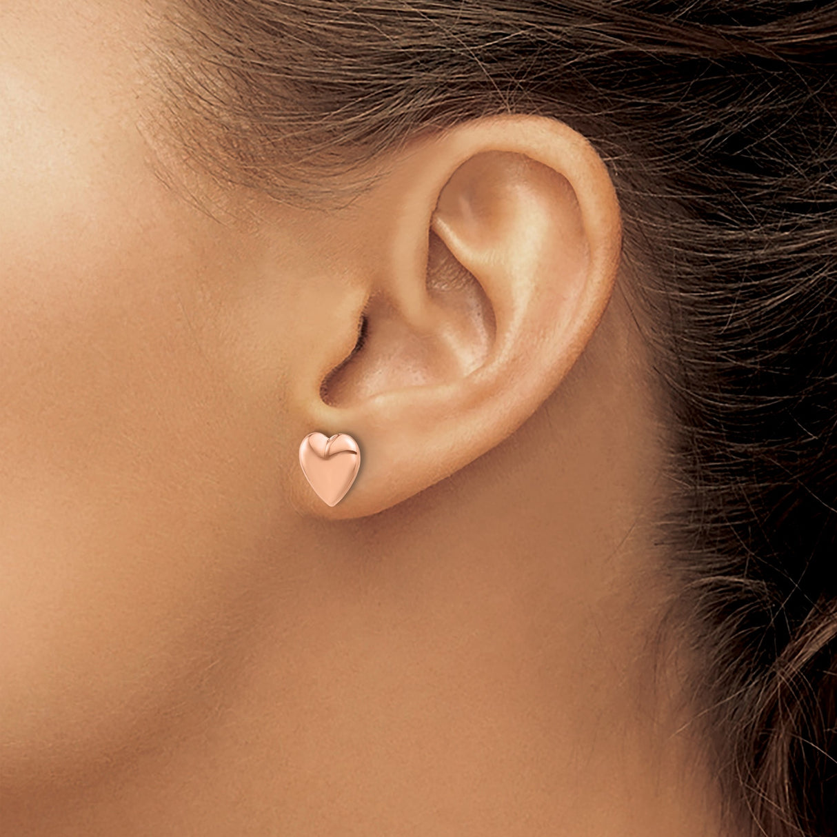 14k Rose Gold Heart Stud Earrings, Polished Puffed Design, Romantic Minimalist Jewelry