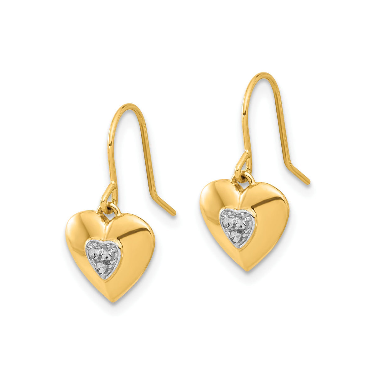 14k Yellow Gold Heart Dangle Earrings with Rhodium, Diamond Cut Two-Tone Drop Design