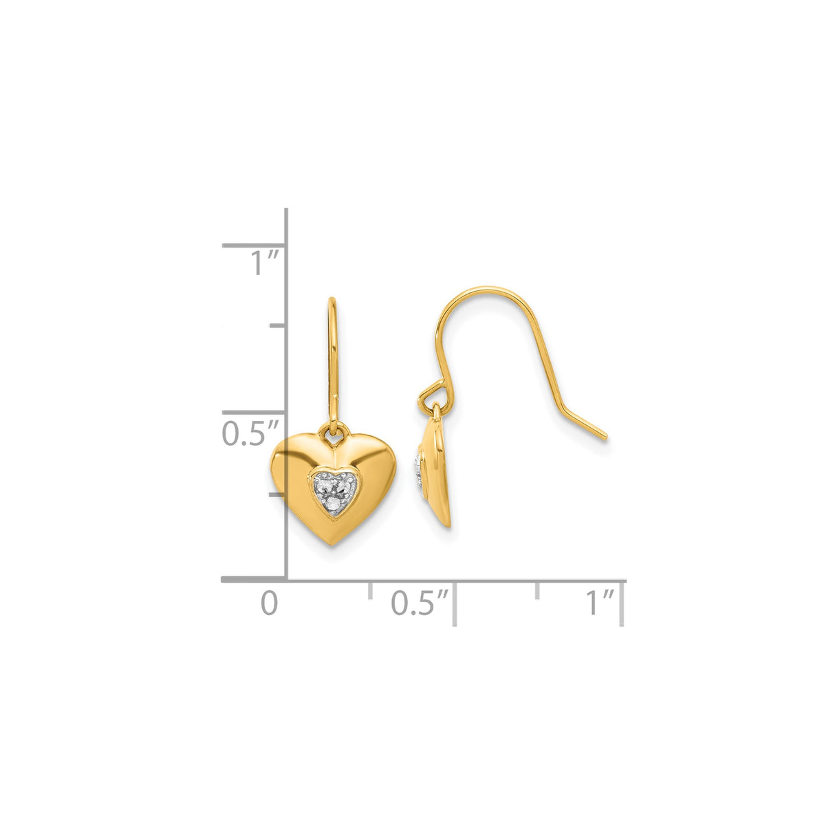 14k Yellow Gold Heart Dangle Earrings with Rhodium, Diamond Cut Two-Tone Drop Design