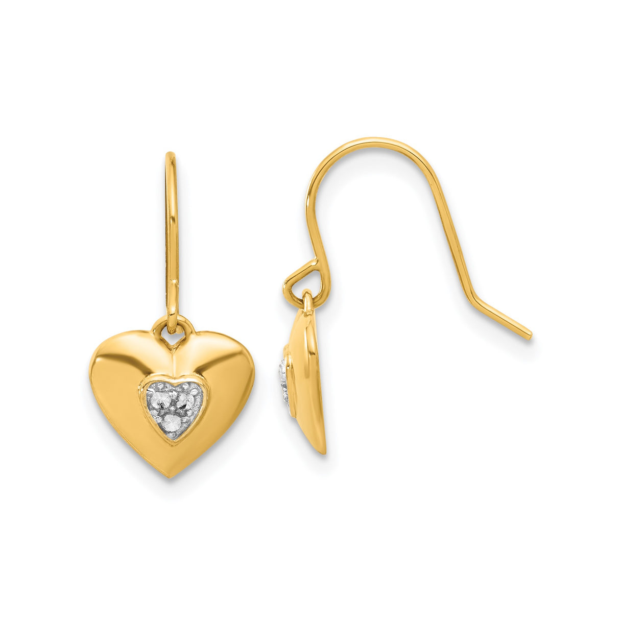 14k Yellow Gold Heart Dangle Earrings with Rhodium, Diamond Cut Two-Tone Drop Design