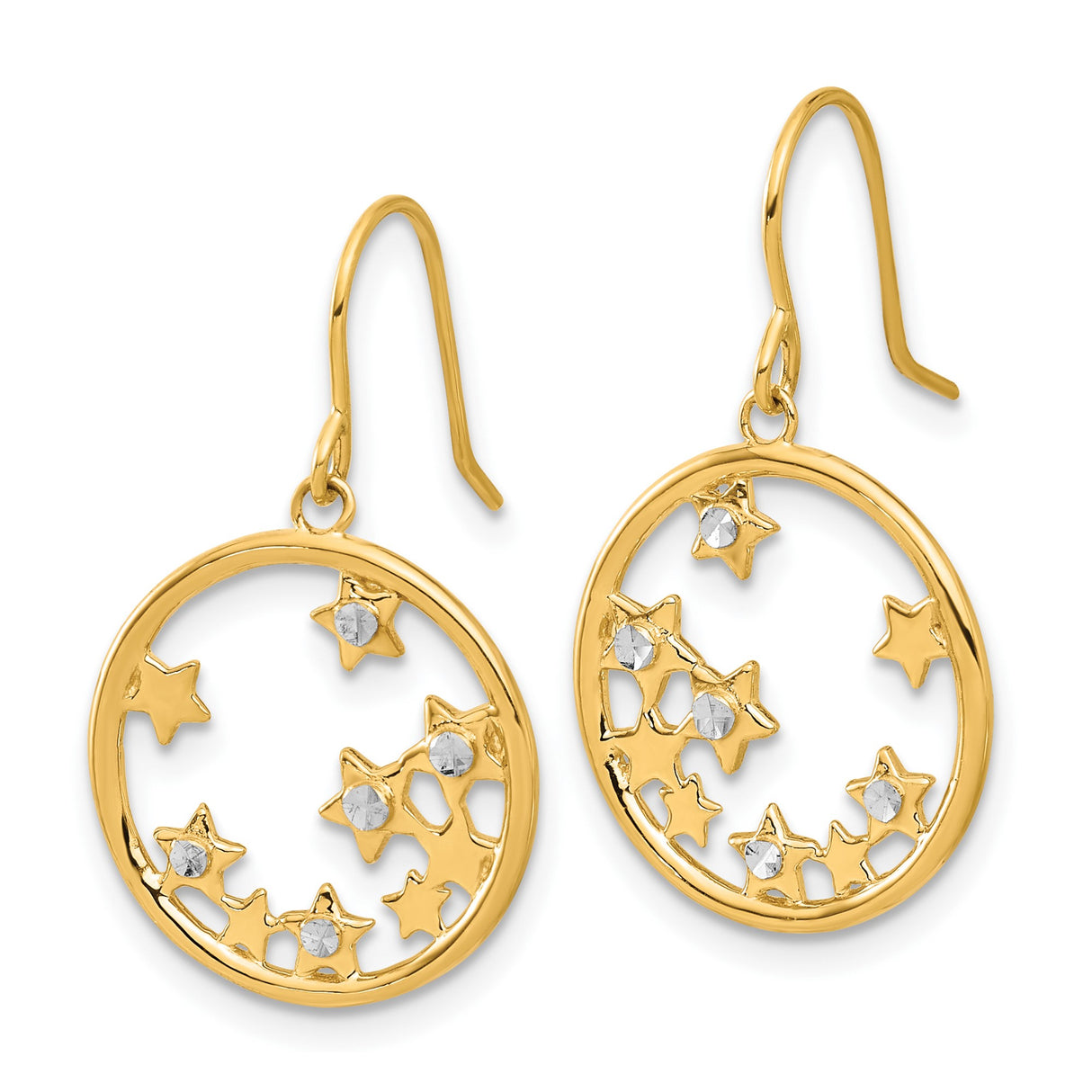 14k Yellow Gold Dangle Earrings with Open Circles and Star Motifs, Rhodium Accents, Celestial Theme
