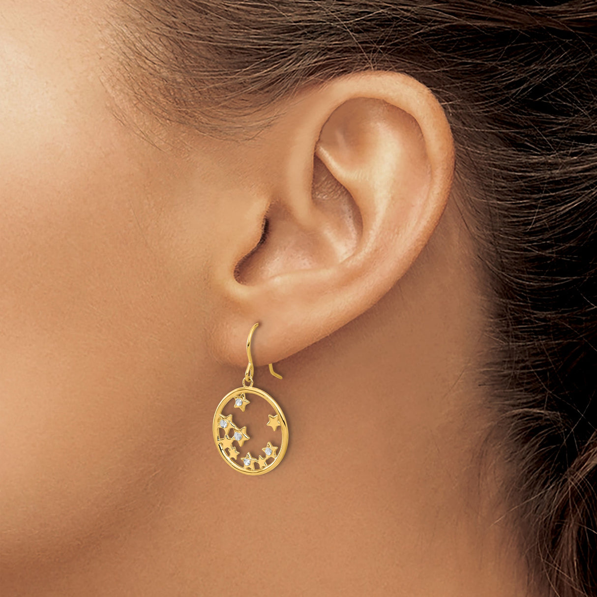 14k Yellow Gold Dangle Earrings with Open Circles and Star Motifs, Rhodium Accents, Celestial Theme