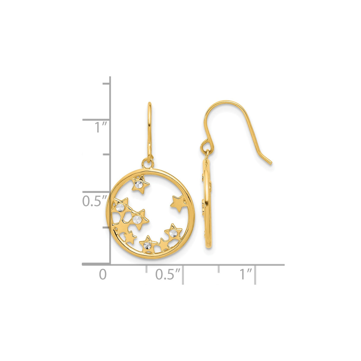 14k Yellow Gold Dangle Earrings with Open Circles and Star Motifs, Rhodium Accents, Celestial Theme