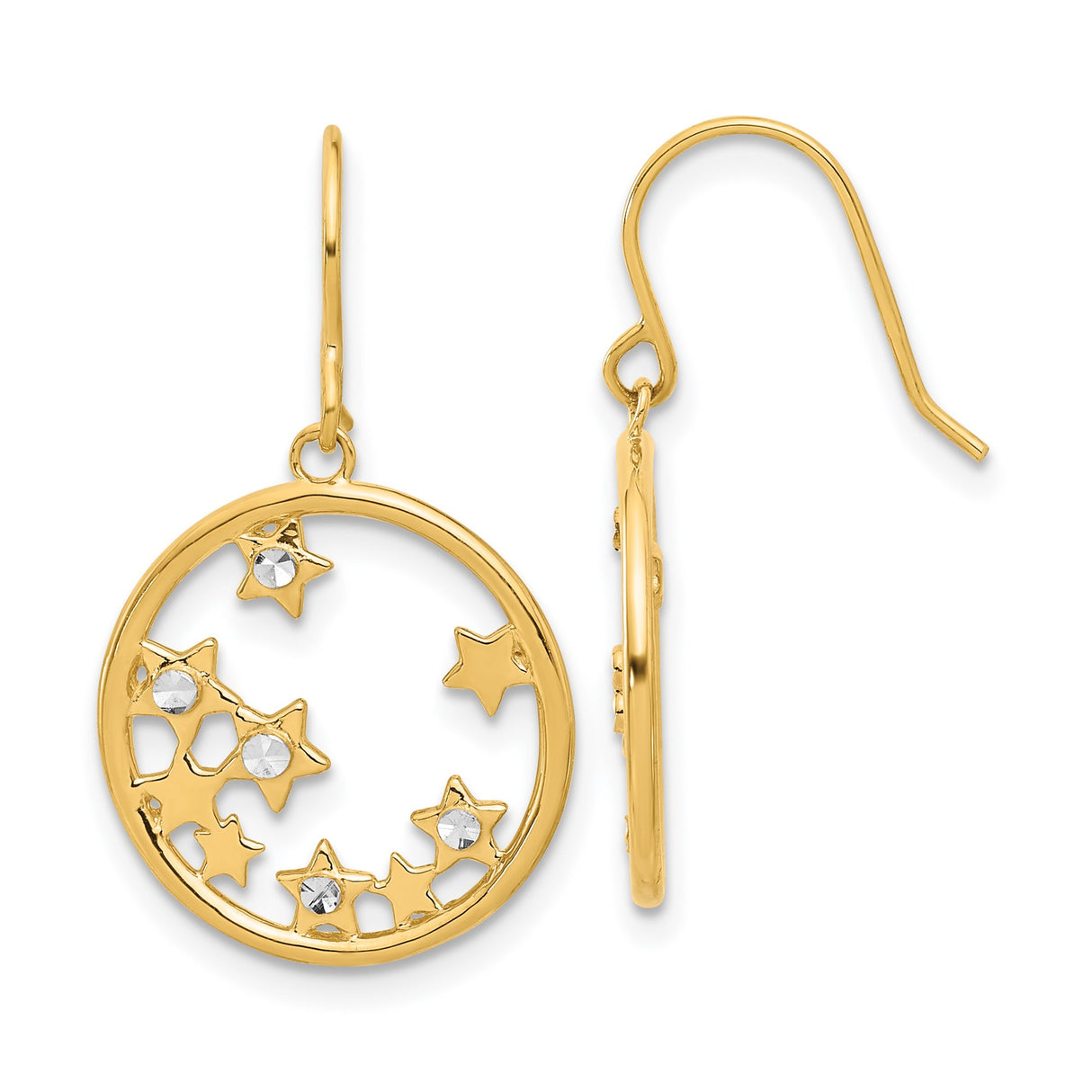 14k Yellow Gold Dangle Earrings with Open Circles and Star Motifs, Rhodium Accents, Celestial Theme