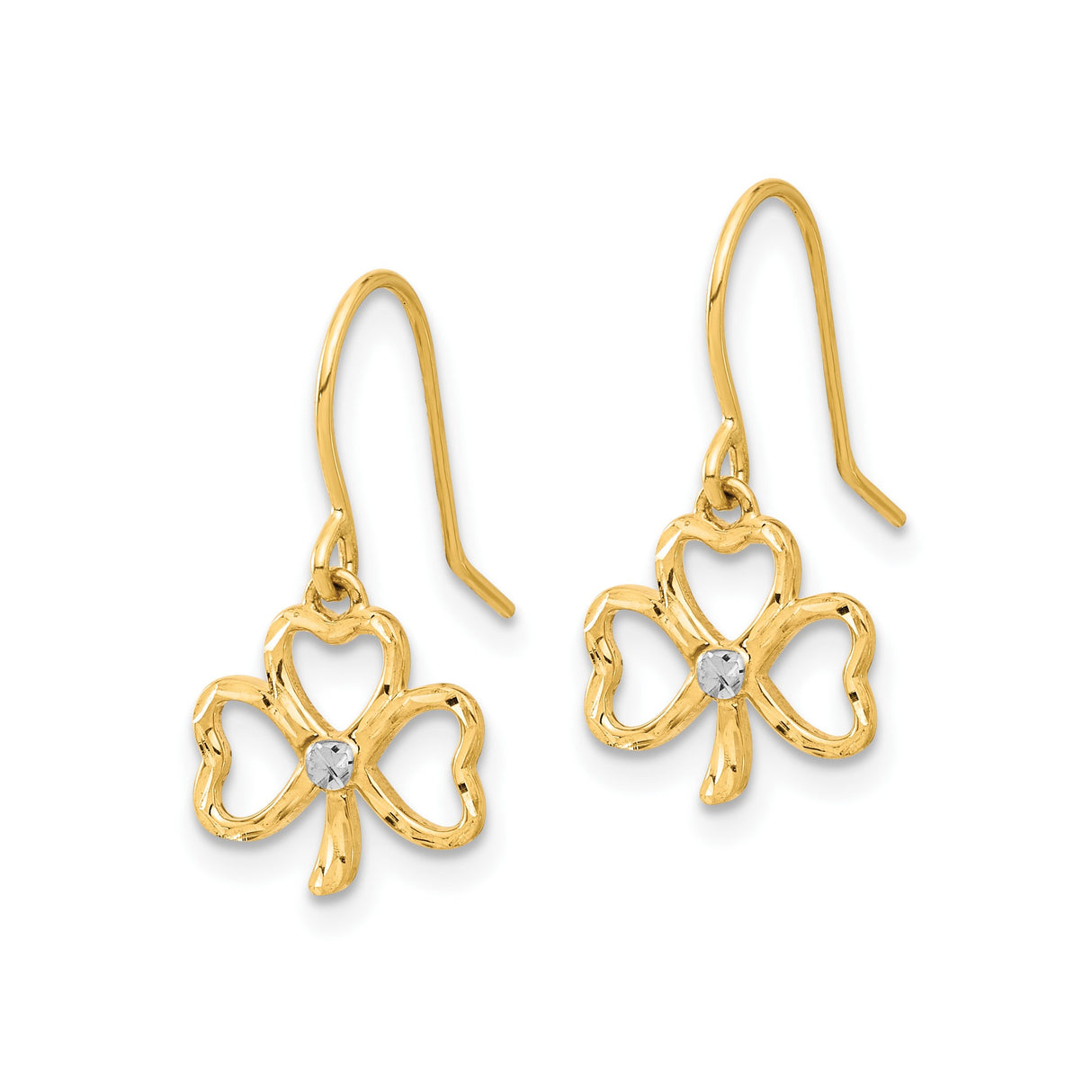 14k Yellow Gold Dangle Earrings with Open Heart Shamrock Design, Celtic Irish Style for Women