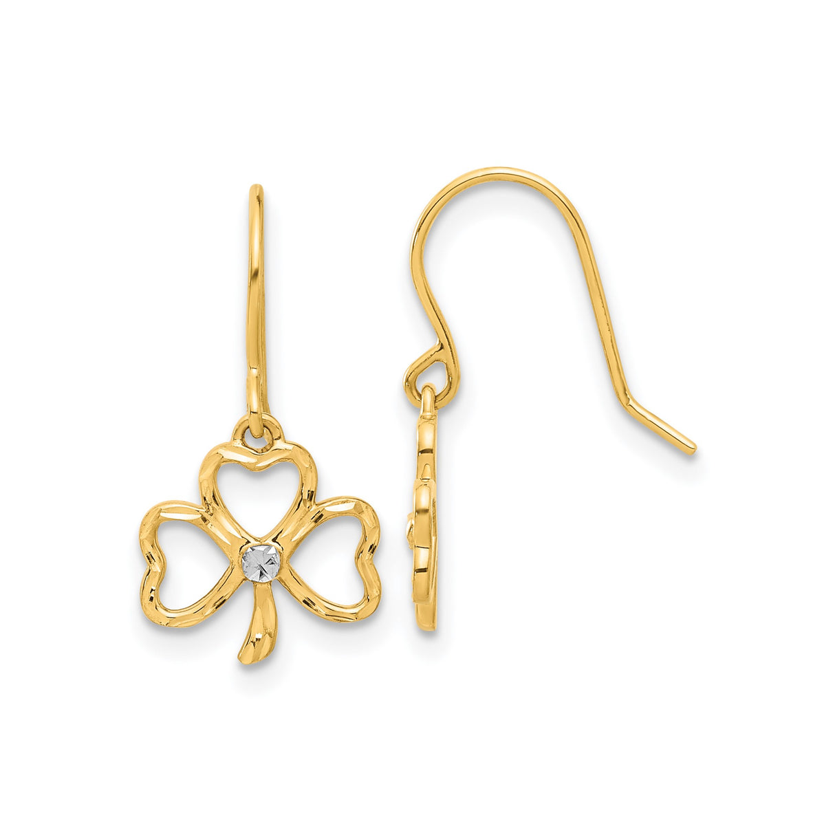 14k Yellow Gold Dangle Earrings with Open Heart Shamrock Design, Celtic Irish Style for Women