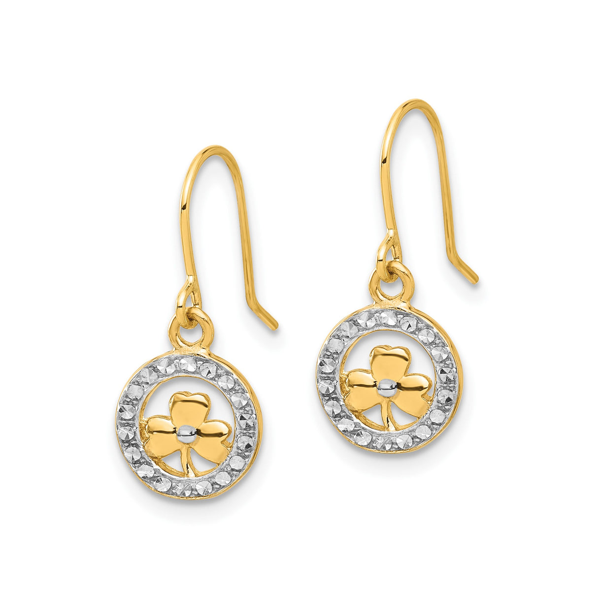 14k Yellow Gold and Rhodium Dangle Earrings, Shamrock and Diamond-Cut Circle Design, Celtic Style