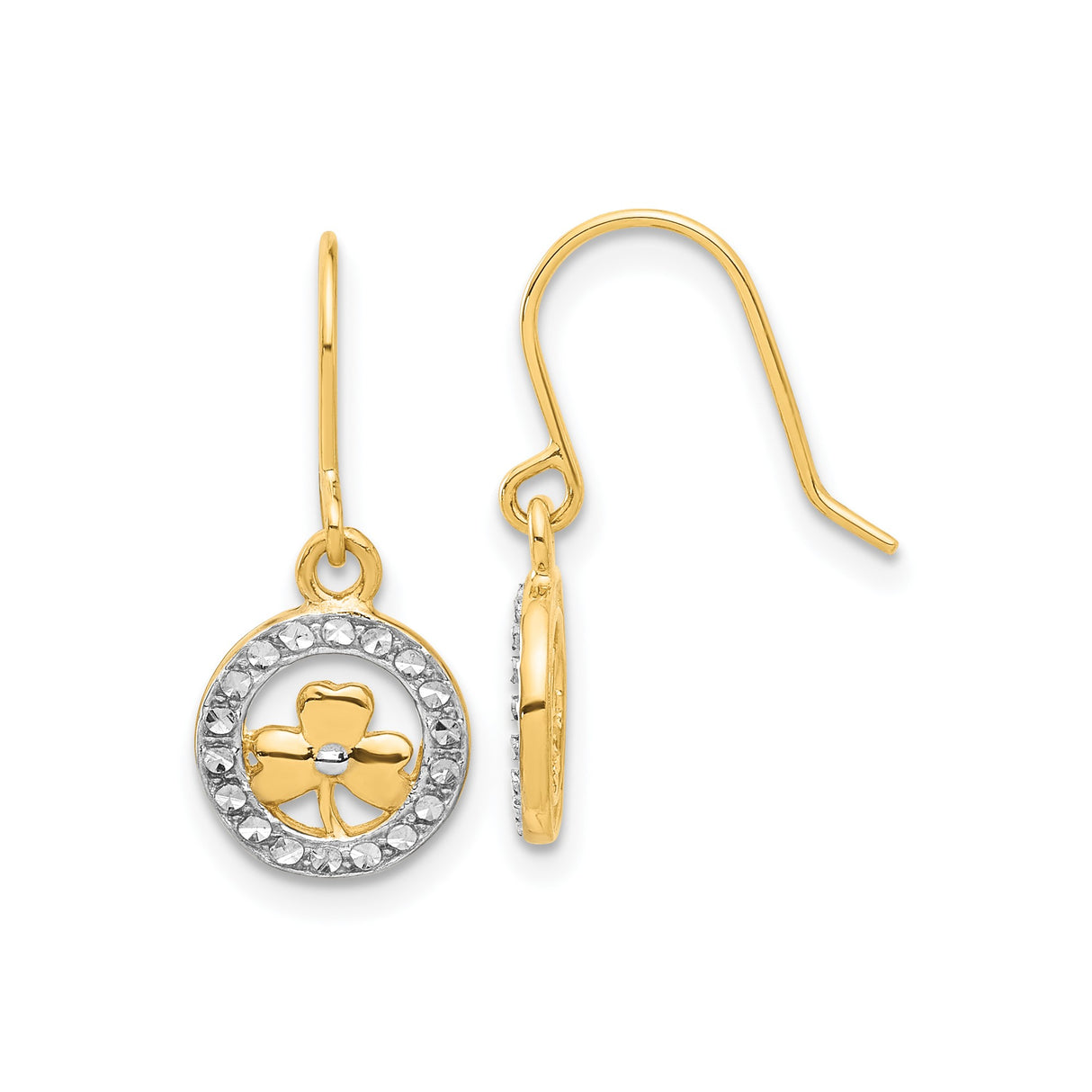 14k Yellow Gold and Rhodium Dangle Earrings, Shamrock and Diamond-Cut Circle Design, Celtic Style
