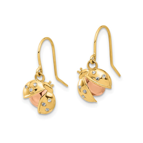 14k Yellow Gold Ladybug Dangle Earrings with Pink Enamel and Crystal Accents