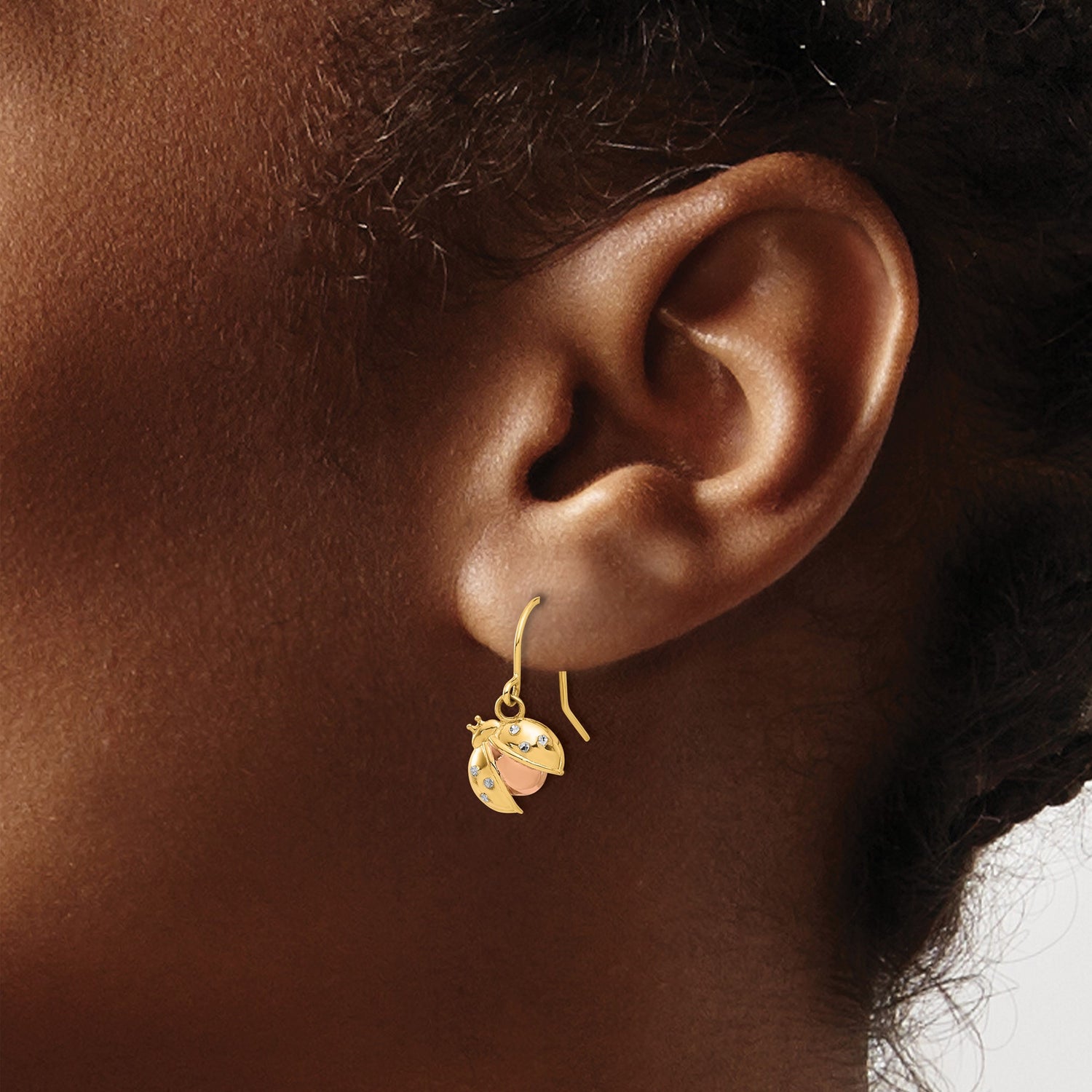 14k Yellow Gold Ladybug Dangle Earrings with Pink Enamel and Crystal Accents