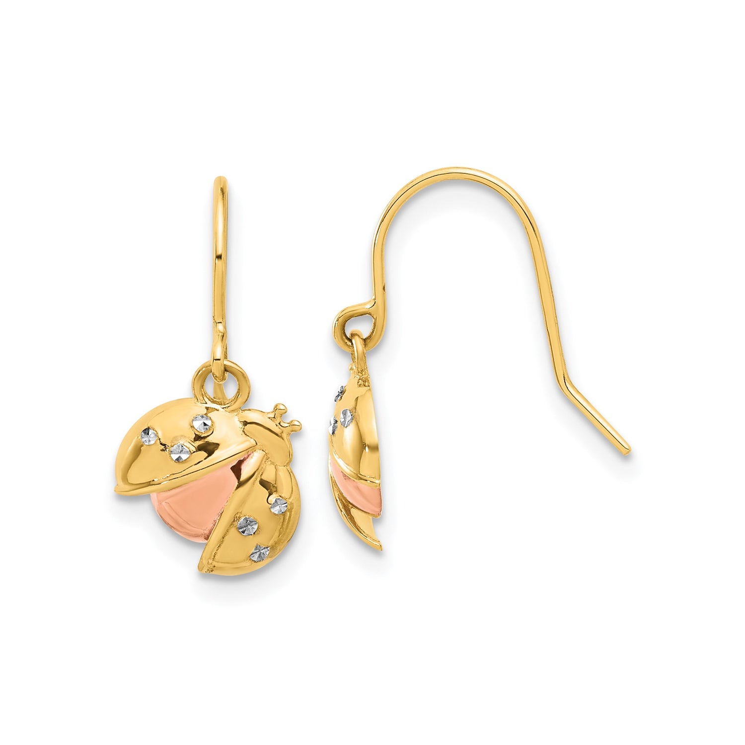 14k Yellow Gold Ladybug Dangle Earrings with Pink Enamel and Crystal Accents