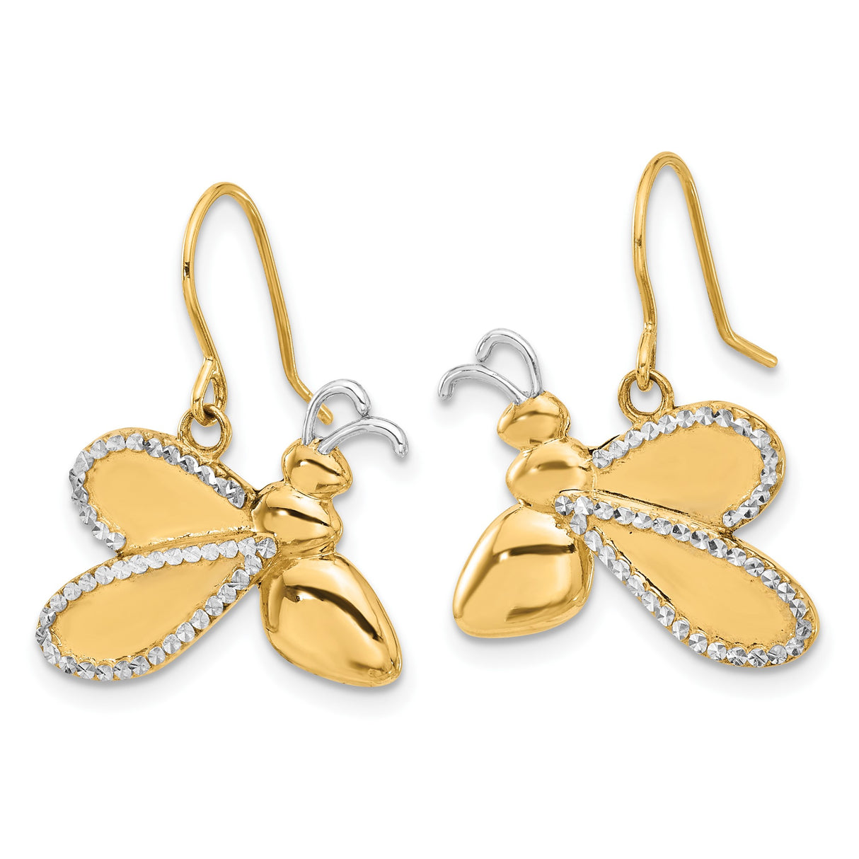 14k Yellow Gold Bee Shaped Dangle Earrings with Diamond Cut Wings, Nature Insect Design