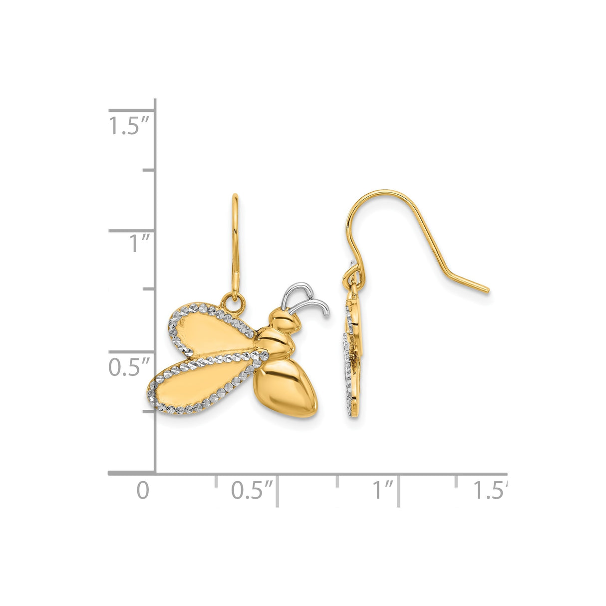 14k Yellow Gold Bee Shaped Dangle Earrings with Diamond Cut Wings, Nature Insect Design
