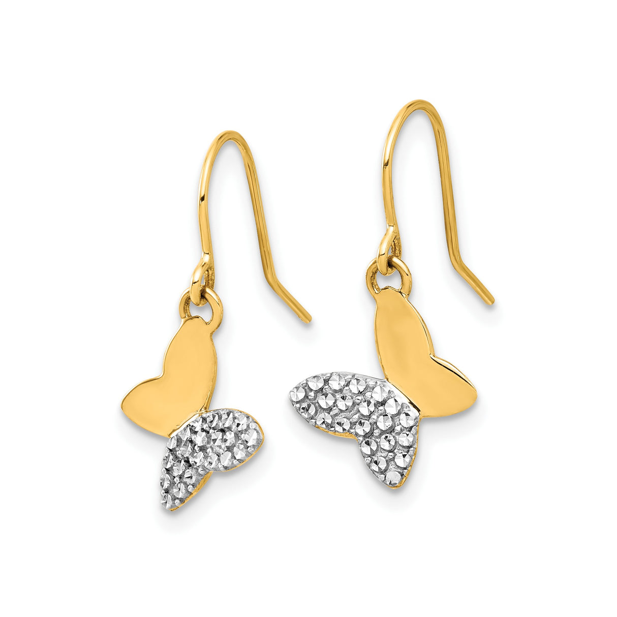 14k Yellow Gold Butterfly Dangle Earrings with Rhodium Accents, Two-Tone Drop Design