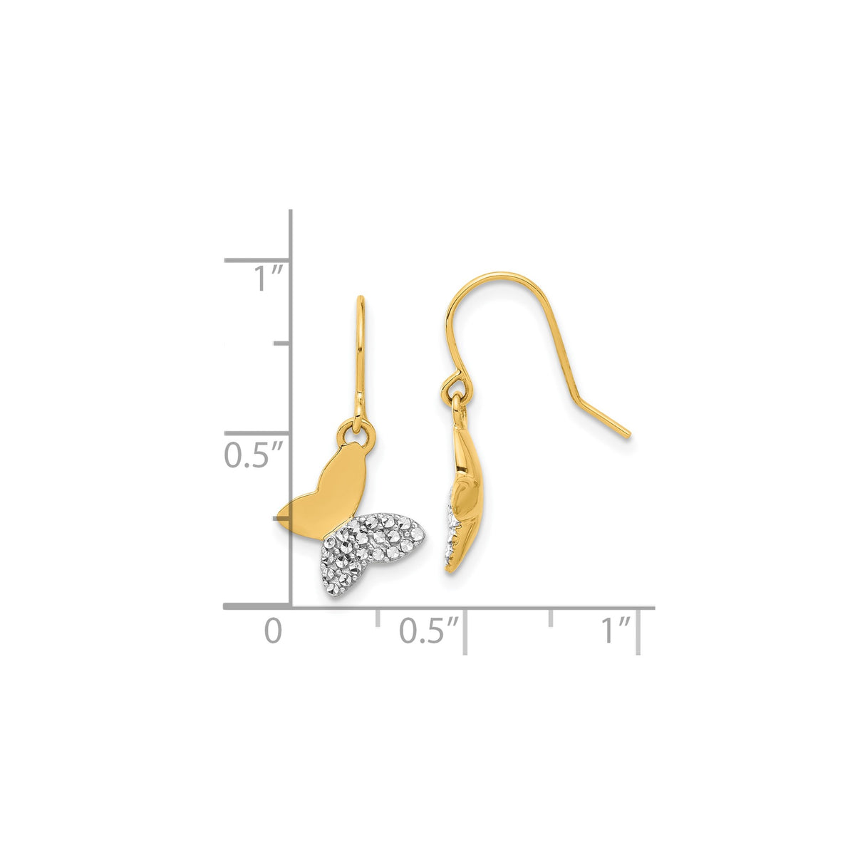 14k Yellow Gold Butterfly Dangle Earrings with Rhodium Accents, Two-Tone Drop Design