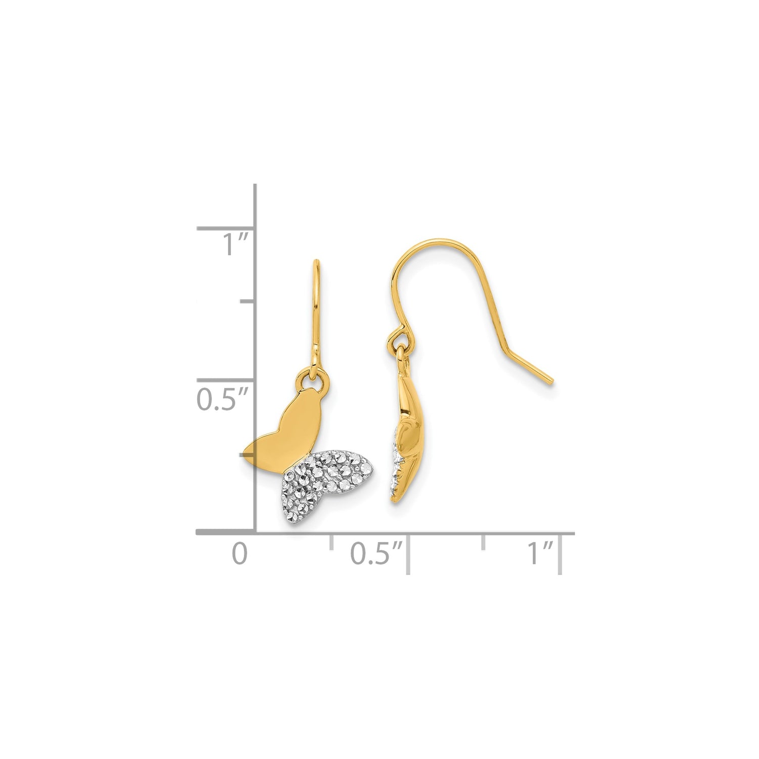 14k Yellow Gold Butterfly Dangle Earrings with Rhodium Accents, Two-Tone Drop Design