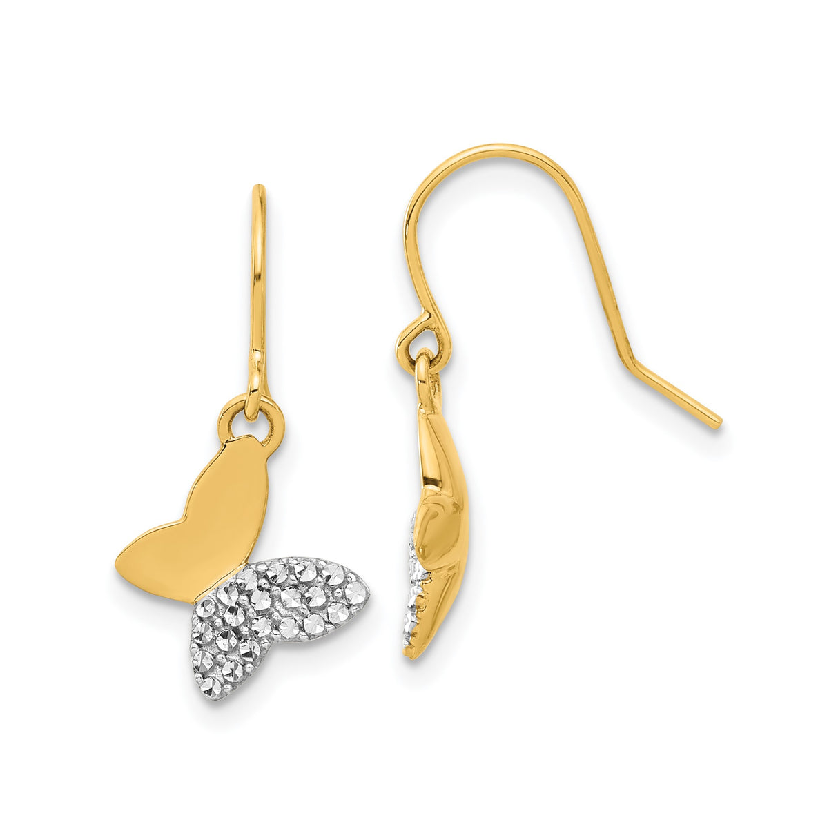 14k Yellow Gold Butterfly Dangle Earrings with Rhodium Accents, Two-Tone Drop Design