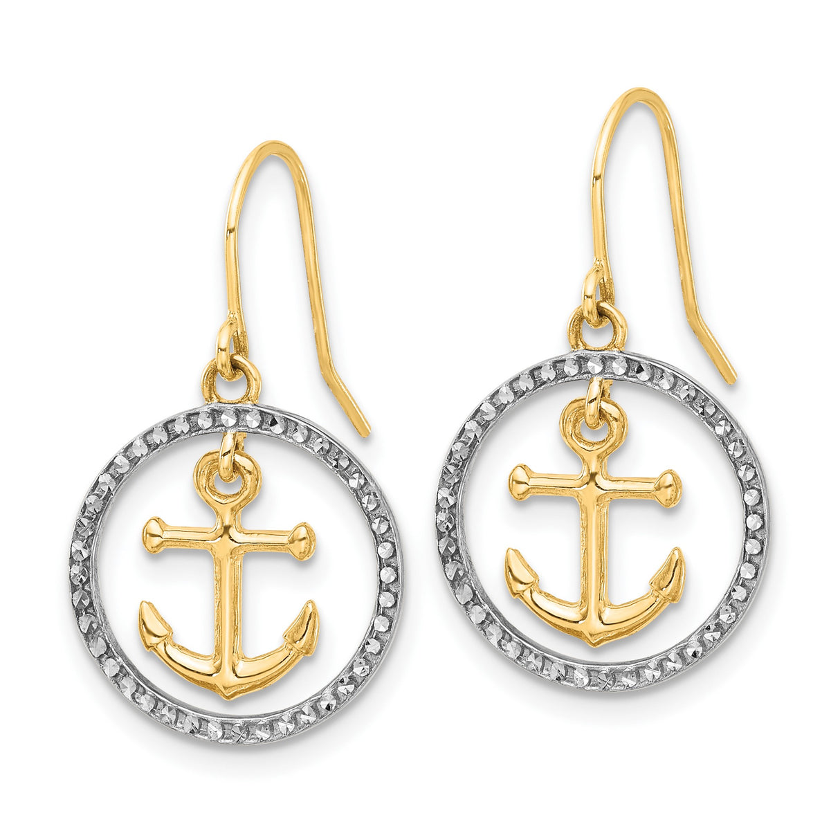 14k Yellow Gold Anchor Dangle Earrings with Two-Tone Circle Design and Textured Finish