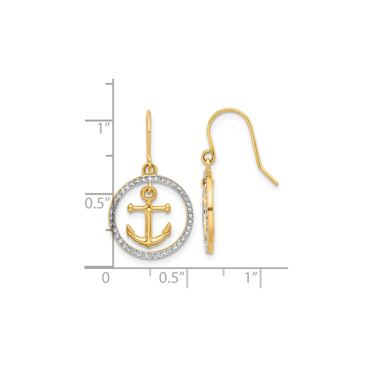 14k Yellow Gold Anchor Dangle Earrings with Two-Tone Circle Design and Textured Finish