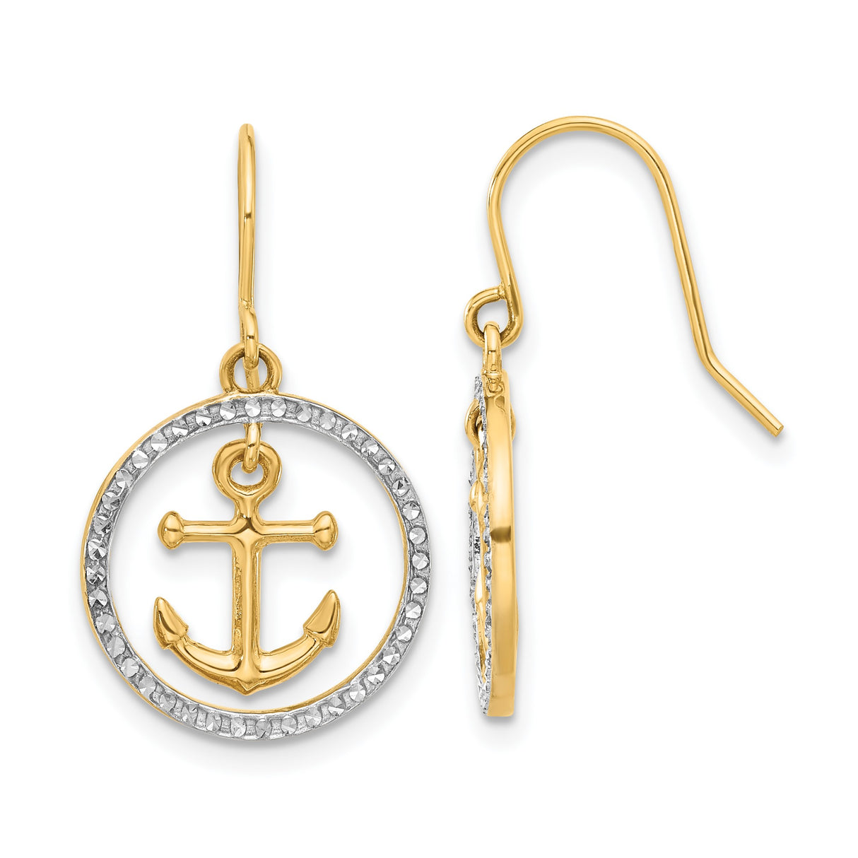 14k Yellow Gold Anchor Dangle Earrings with Two-Tone Circle Design and Textured Finish