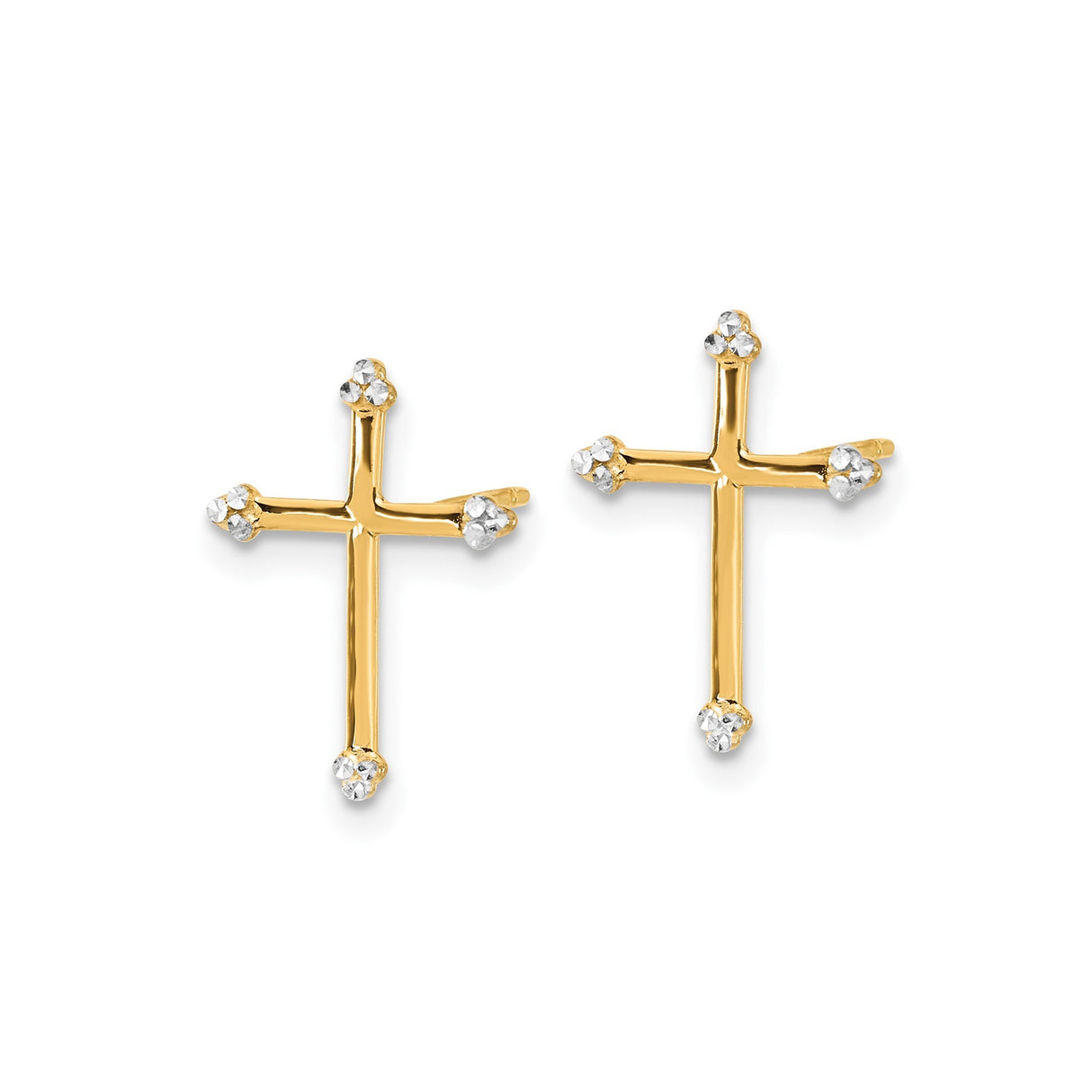 14k Yellow Gold Cross Stud Earrings with Rhodium Accents, Textured Christian Design