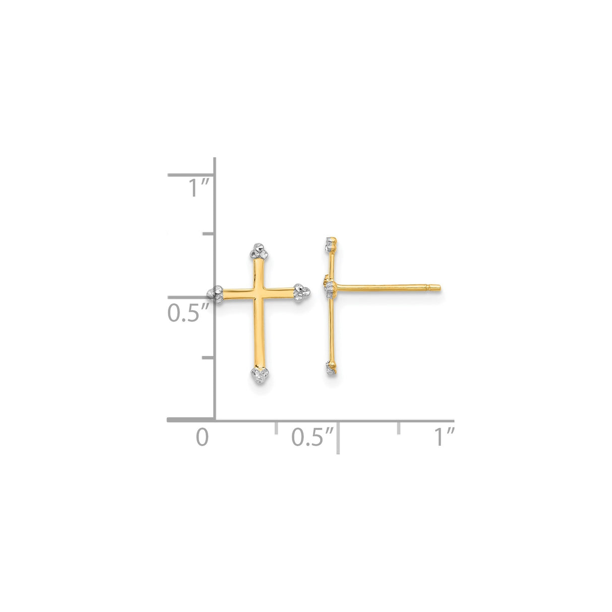 14k Yellow Gold Cross Stud Earrings with Rhodium Accents, Textured Christian Design