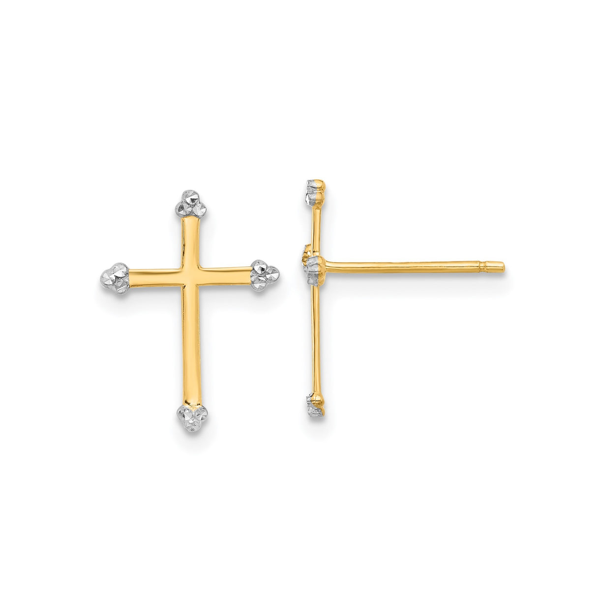 14k Yellow Gold Cross Stud Earrings with Rhodium Accents, Textured Christian Design