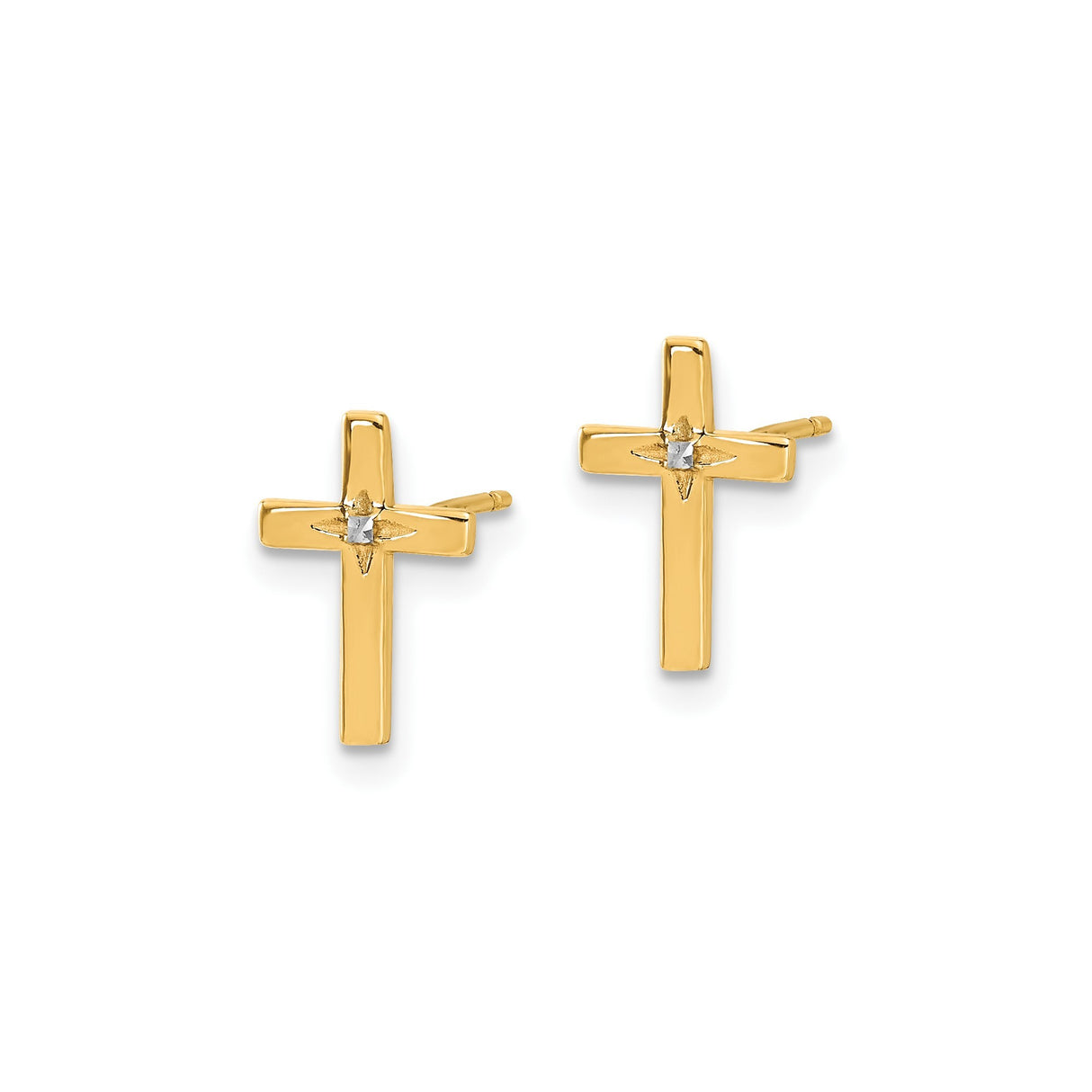 14k Yellow Gold Cross Stud Earrings with Diamond Accent, Two Tone Christian Jewelry