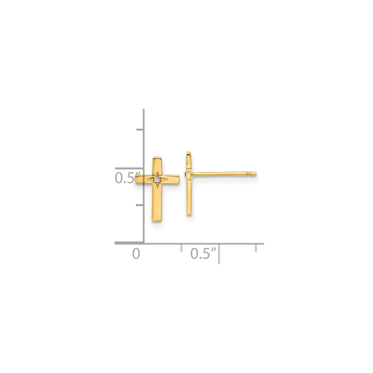 14k Yellow Gold Cross Stud Earrings with Diamond Accent, Two Tone Christian Jewelry