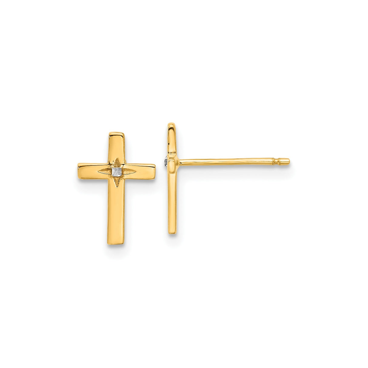 14k Yellow Gold Cross Stud Earrings with Diamond Accent, Two Tone Christian Jewelry