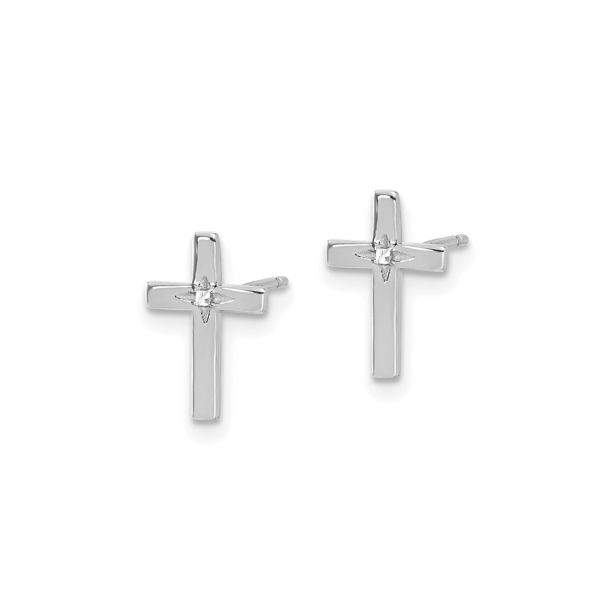 14k White Gold Cross Stud Earrings with Starburst Detail and Polished Finish for Women