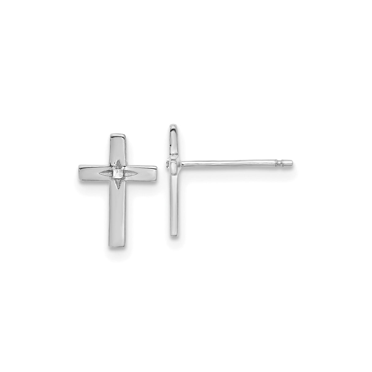 14k White Gold Cross Stud Earrings with Starburst Detail and Polished Finish for Women