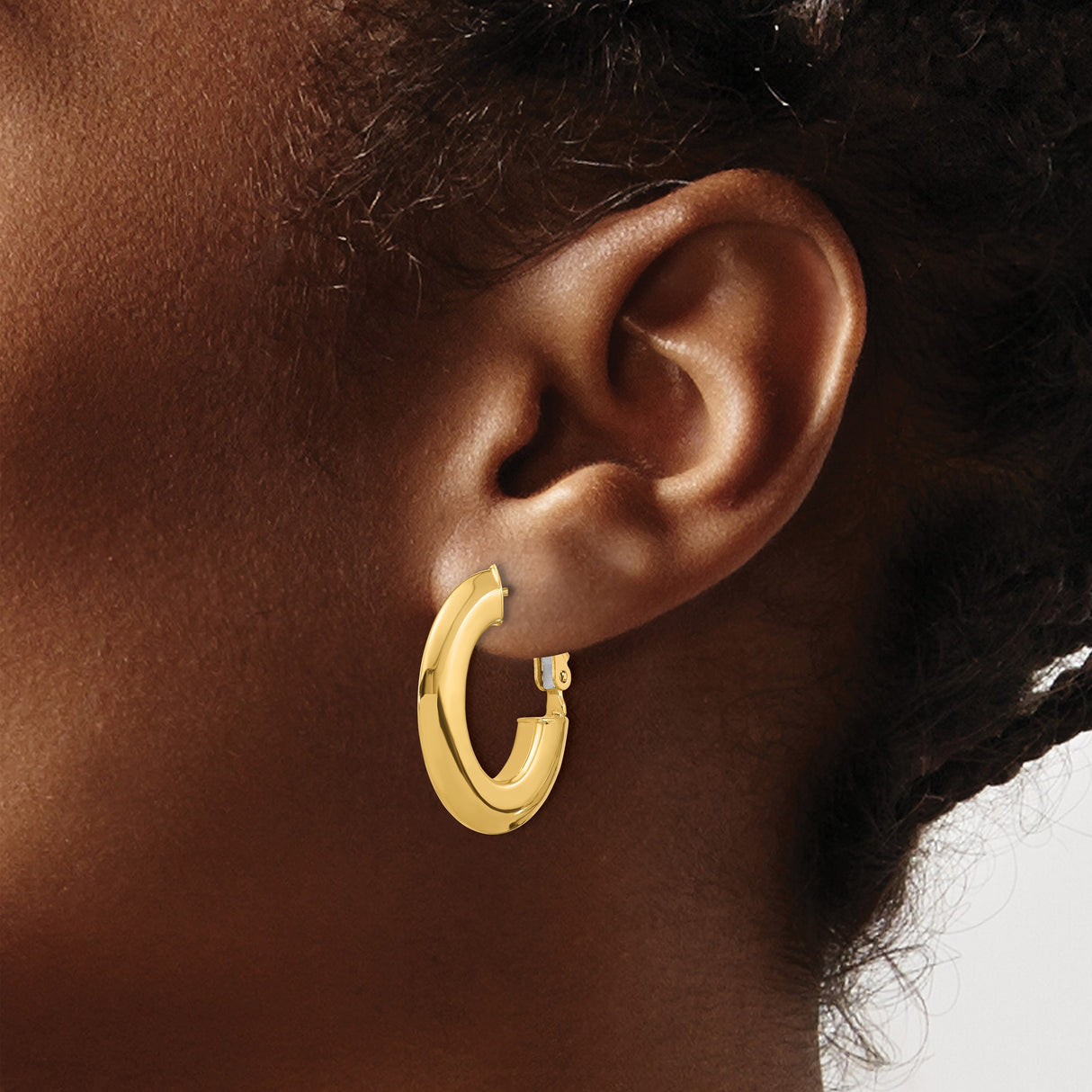 14k Yellow Gold Hoop Earrings, Medium Oval with Omega Back, Bold Polished Design for Women