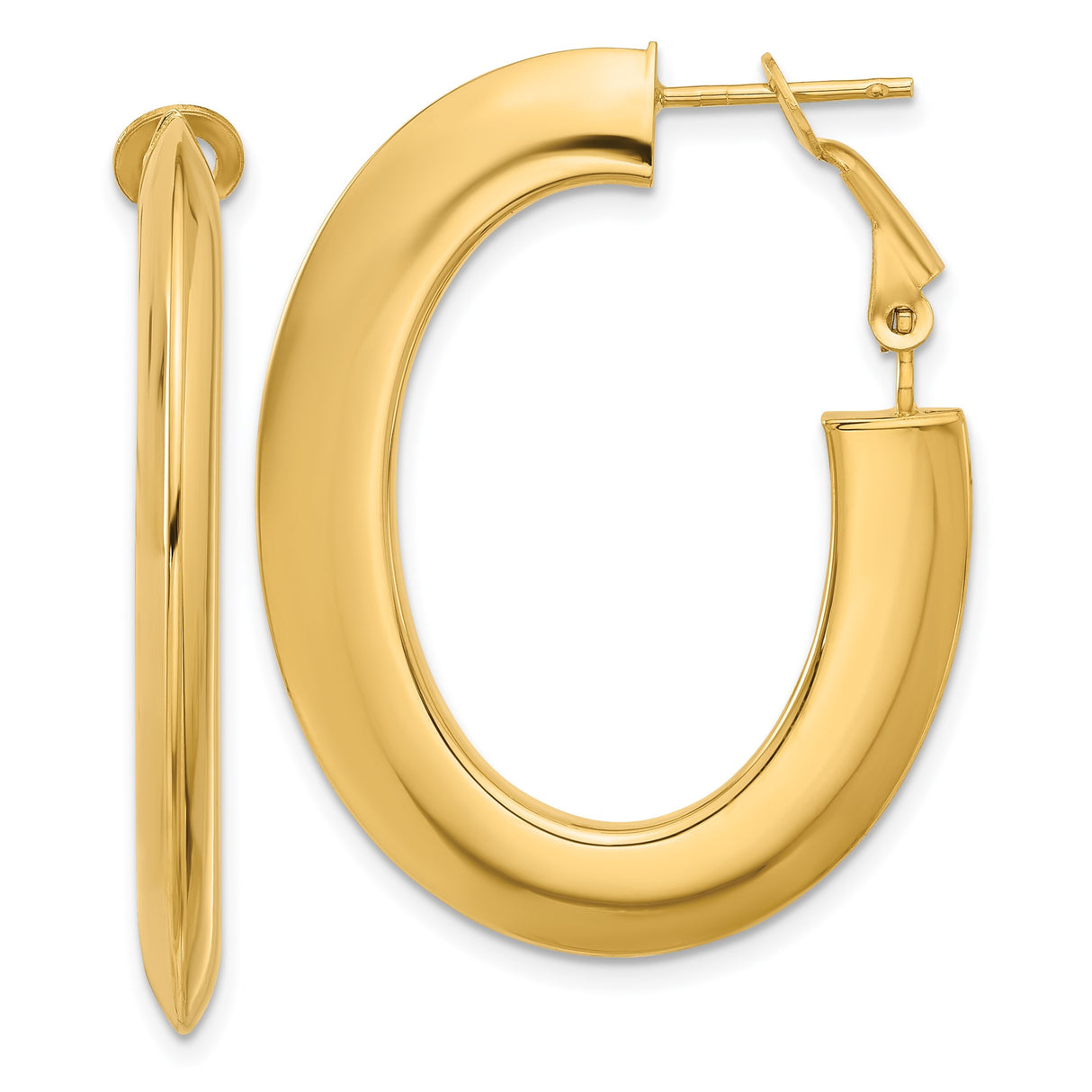 14k Yellow Gold Chunky Hoop Earrings, Thick Oval High-Polish Latch Back Hoops for Women