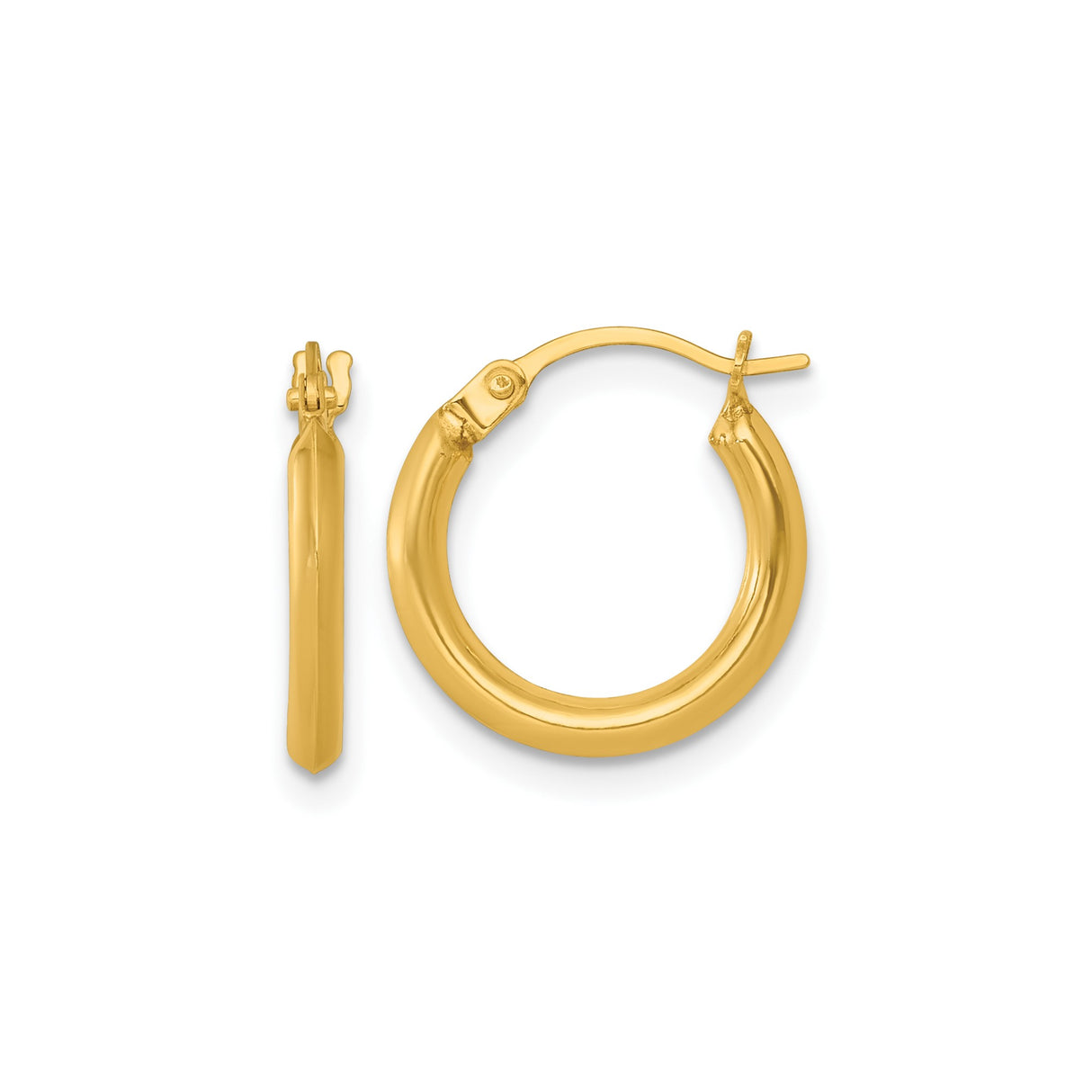 14k Yellow Gold Hoop Earrings, Polished Round Tube with Snap Closure, Lightweight Minimalist Design