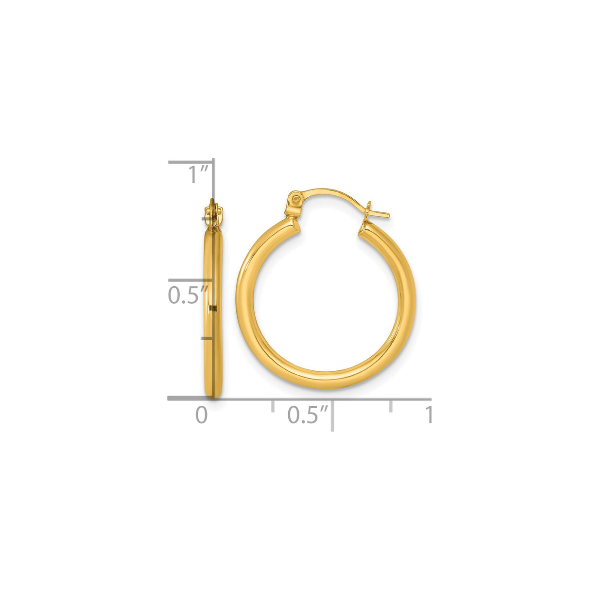 14k Yellow Gold Hoop Earrings, Polished Round Tube with Latch Back, Minimalist Everyday Style