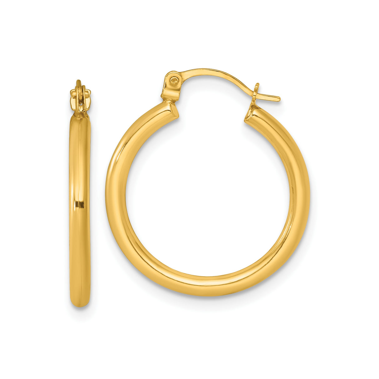14k Yellow Gold Hoop Earrings, Polished Round Tube with Latch Back, Minimalist Everyday Style