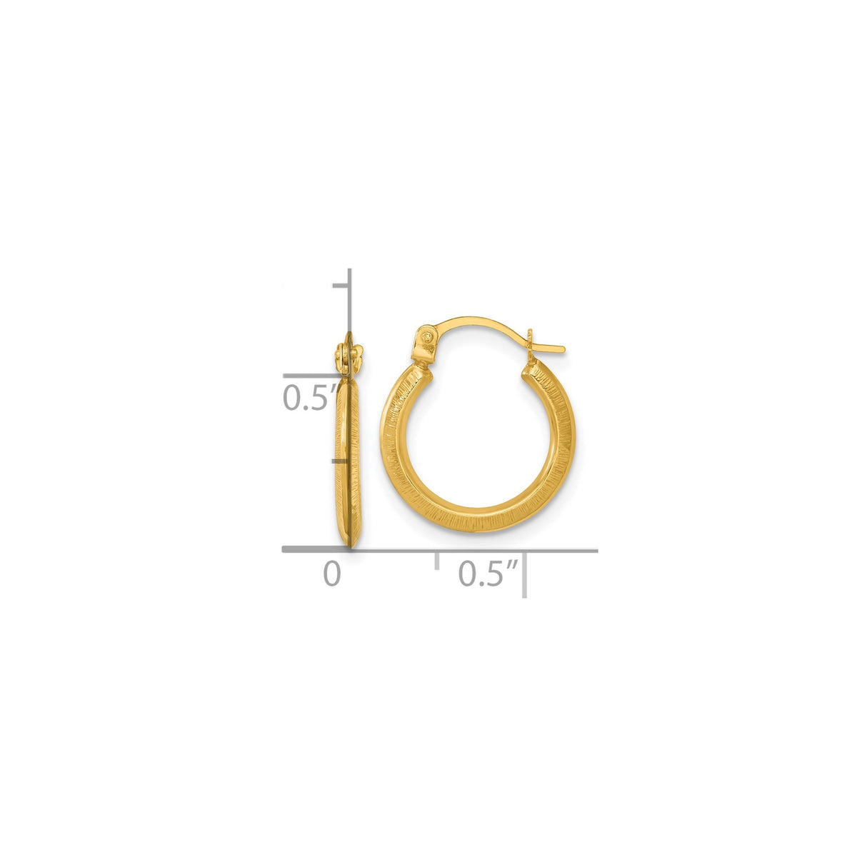 14k Yellow Gold Hoop Earrings, Textured Round Tube Design, Latch-Back Closure, Lightweight Classic Style