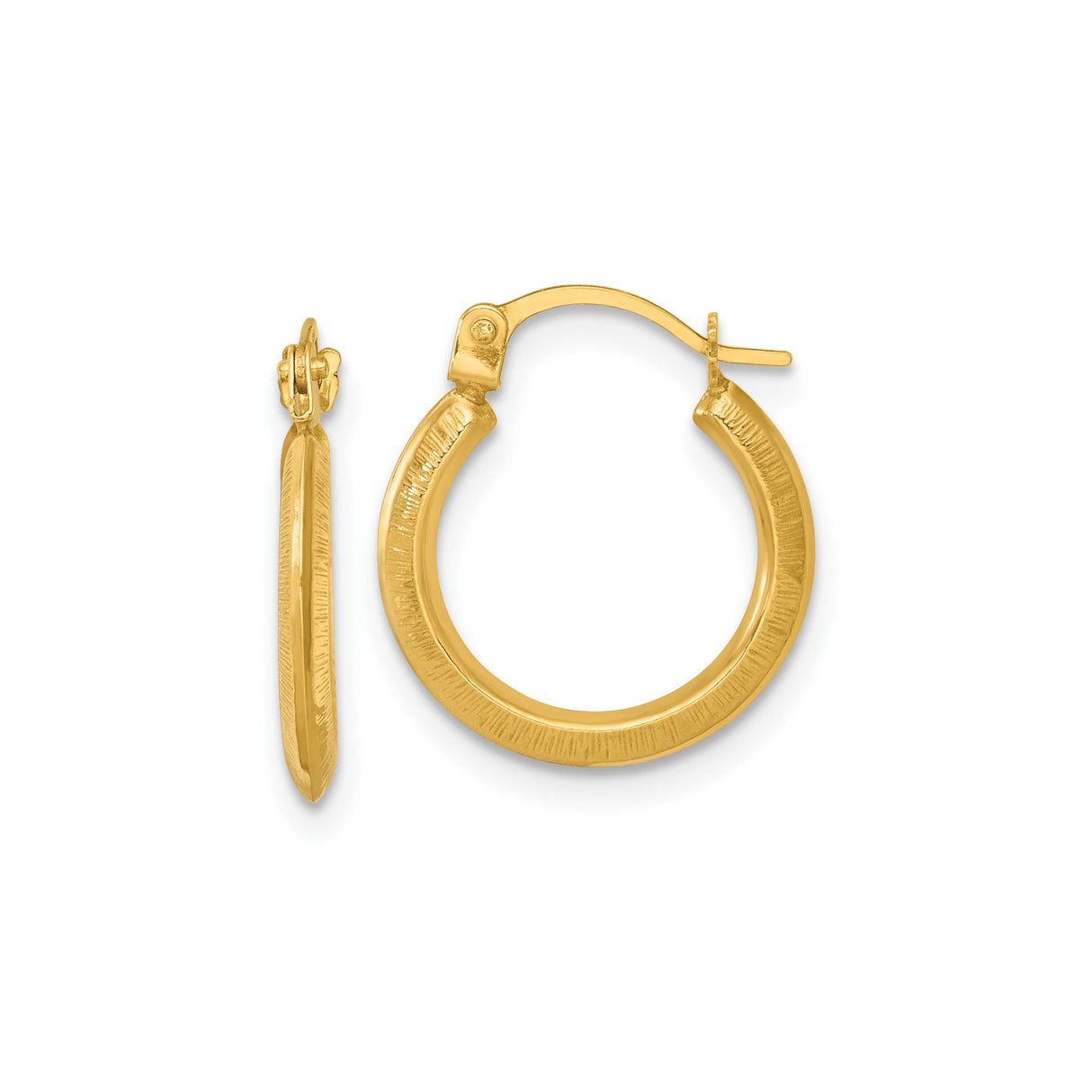 14k Yellow Gold Hoop Earrings, Textured Round Tube Design, Latch-Back Closure, Lightweight Classic Style