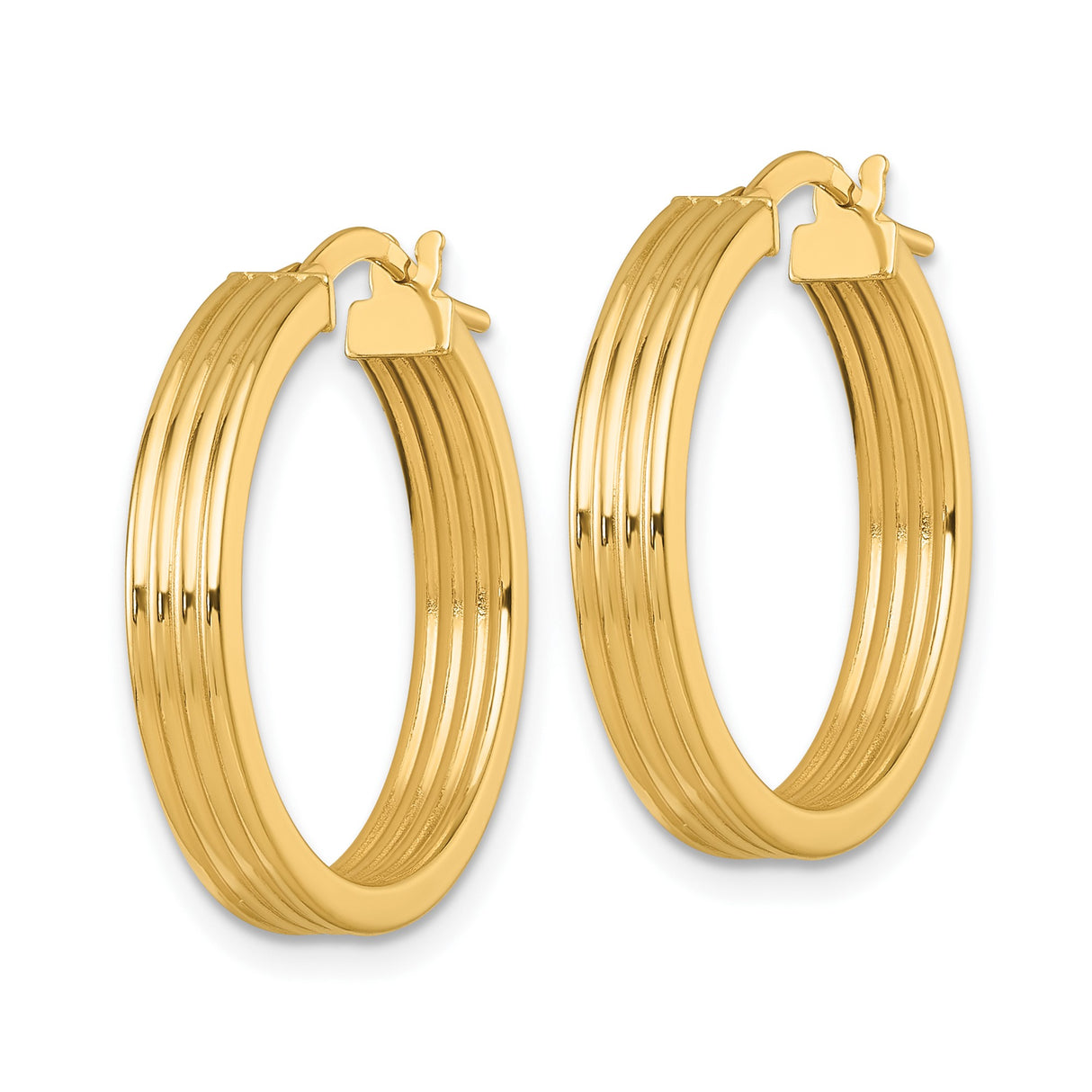 14k Yellow Gold Hoop Earrings with Ribbed Design and Hinged Latch Closure for Women
