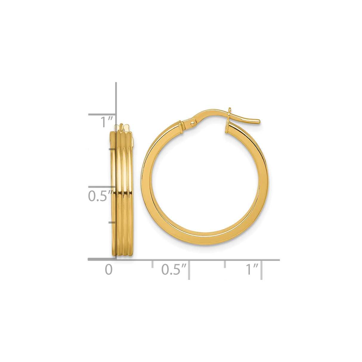 14k Yellow Gold Hoop Earrings with Ribbed Design and Hinged Latch Closure for Women