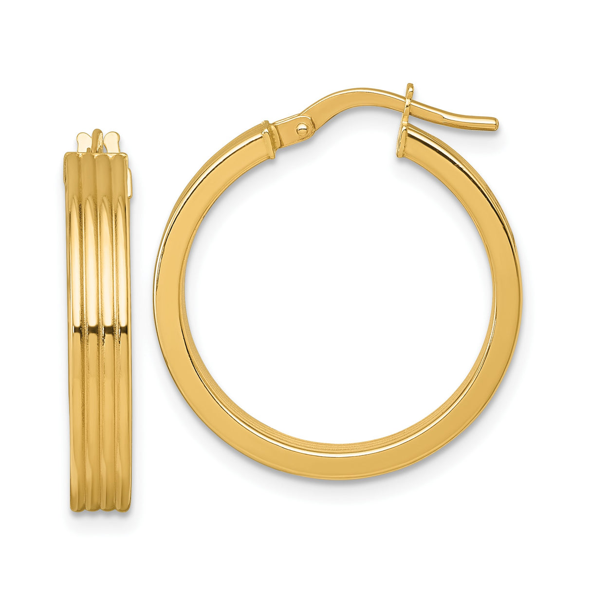 14k Yellow Gold Hoop Earrings with Ribbed Design and Hinged Latch Closure for Women