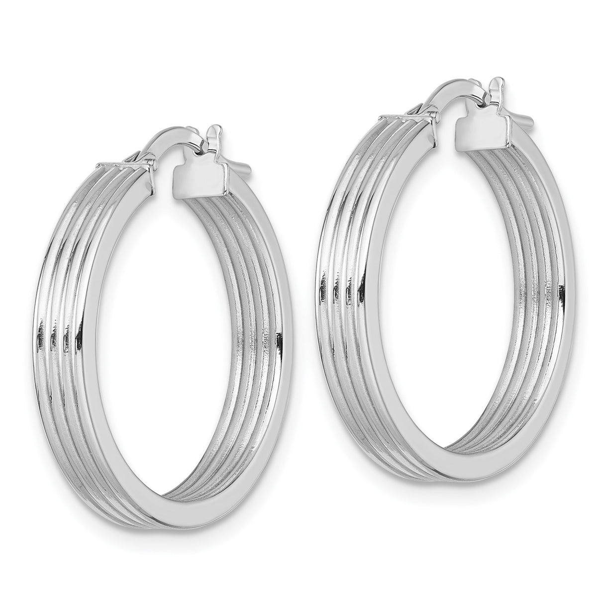 14k White Gold Hoop Earrings, Medium Ridged Tube Design, Lightweight Everyday Style