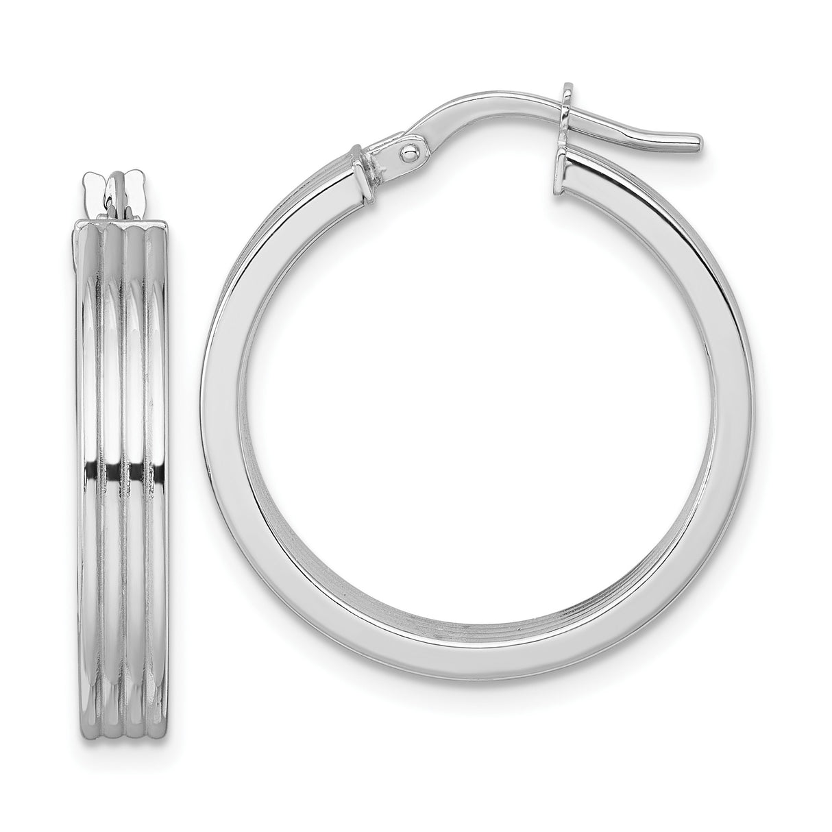 14k White Gold Hoop Earrings, Medium Ridged Tube Design, Lightweight Everyday Style